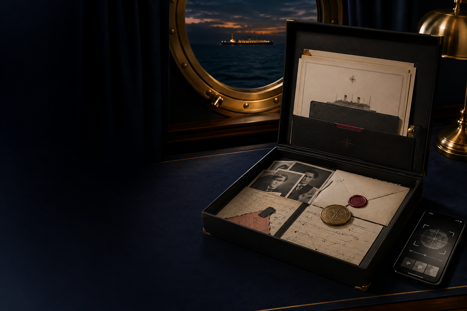 Open premium cruise mystery case with evidence and a phone beside a ship porthole