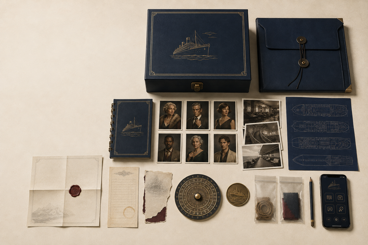 Complete cruise mystery kit with case box, suspect cards, documents, map, cipher, and app