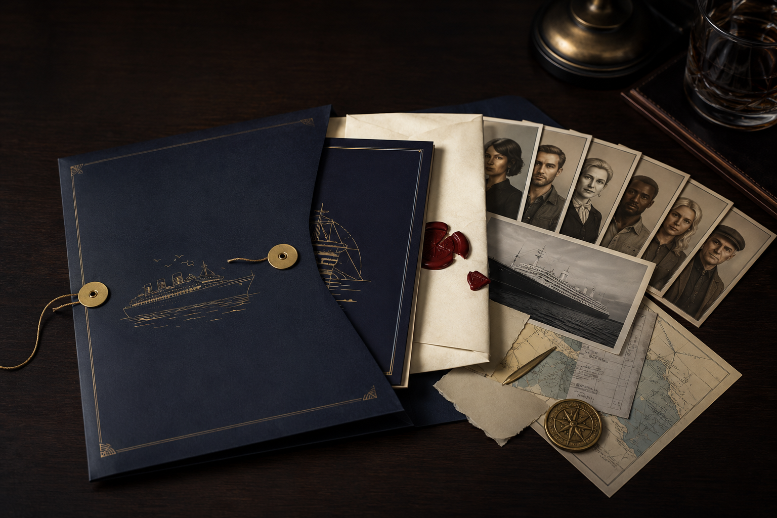 Navy document wallet opened to reveal portraits, letters, maps, and a brass token