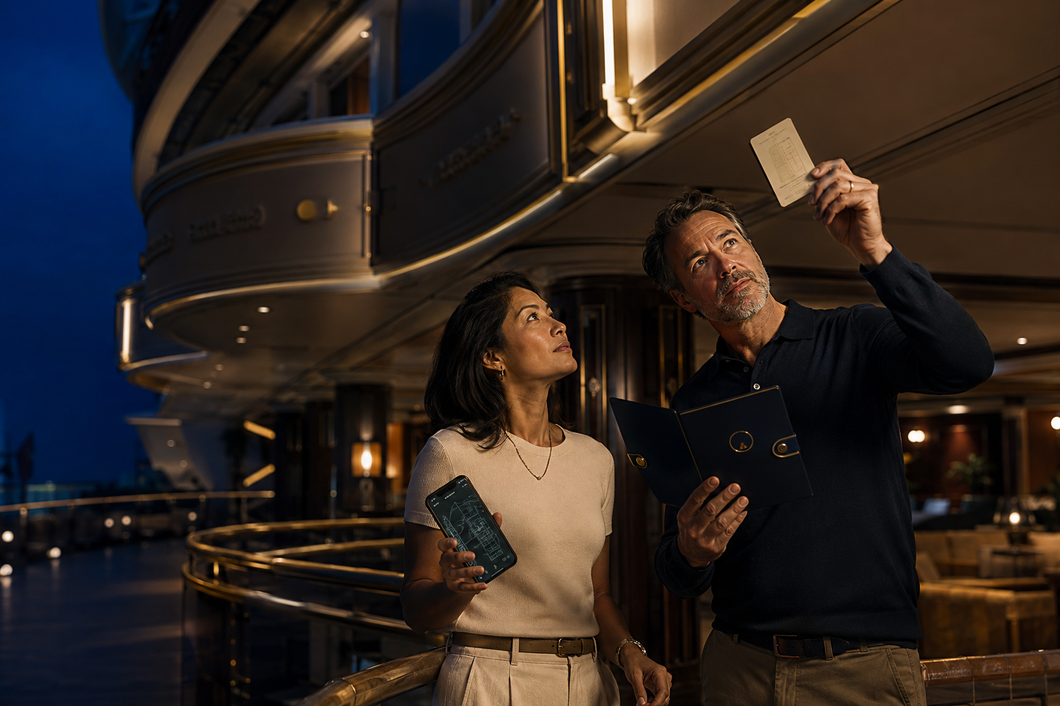 Two travelers comparing a clue with ship architecture and an offline map